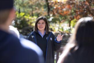 Tour guide speaking to group
